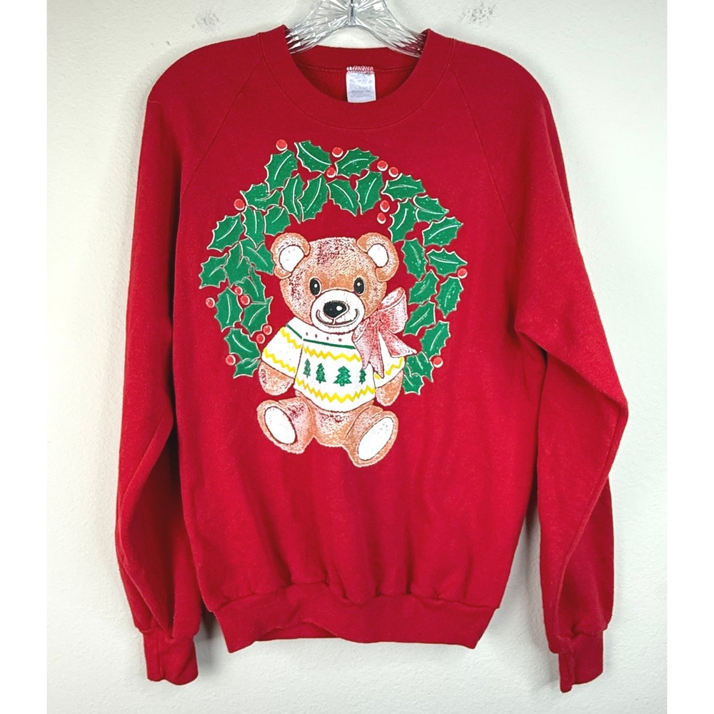 Jerzees Sweatshirt Unisex M Red Christmas Teddy Bear Wreath Vintage 90s Graphic